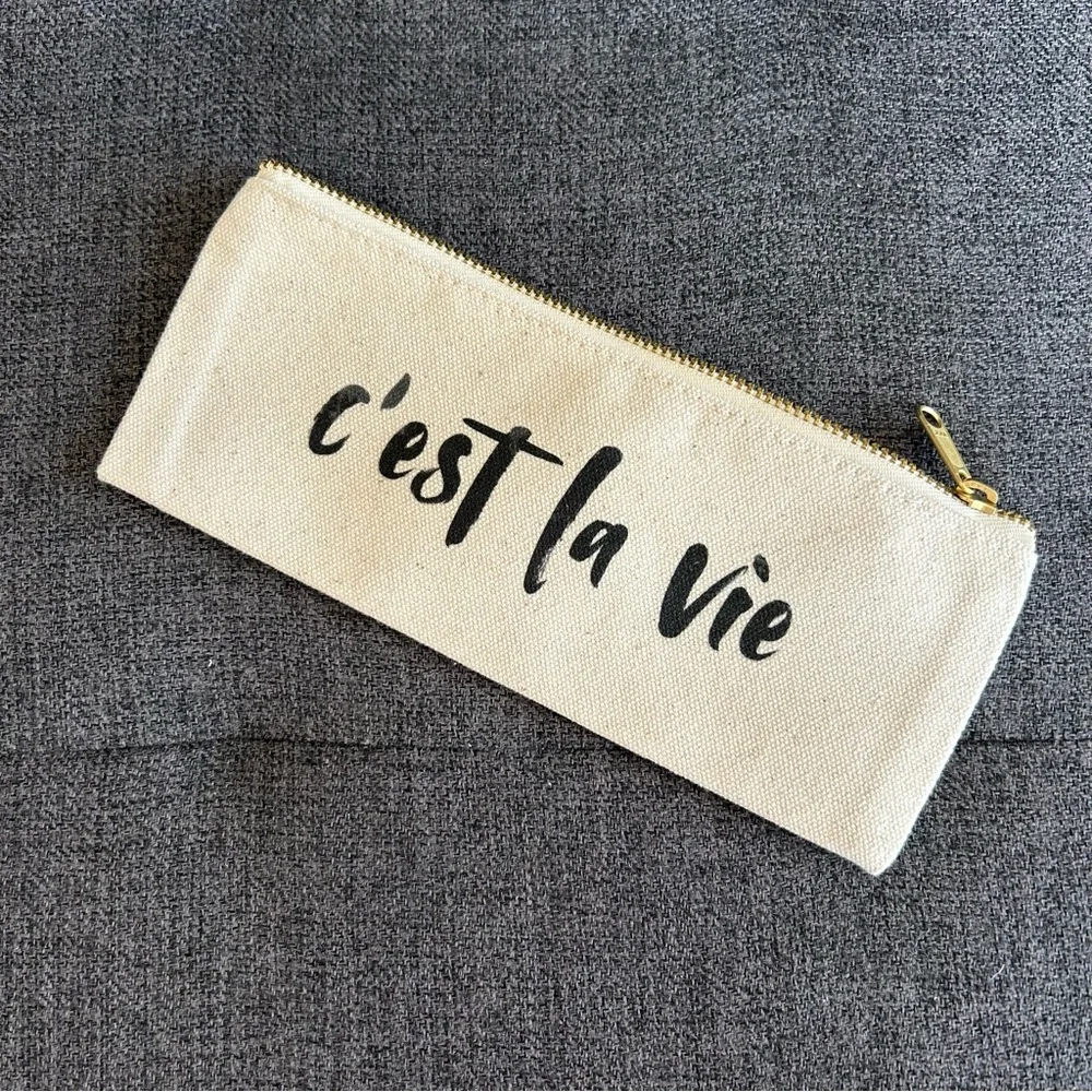 Canvas “c’est la vie” Pencil, Travel Mini Pouch, Cream, Black
